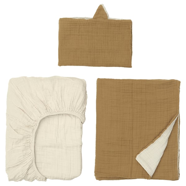 GULDVÄVARE Bäddset för spjälsäng, 3 delar, mörkgul/beige, 60x120 cm