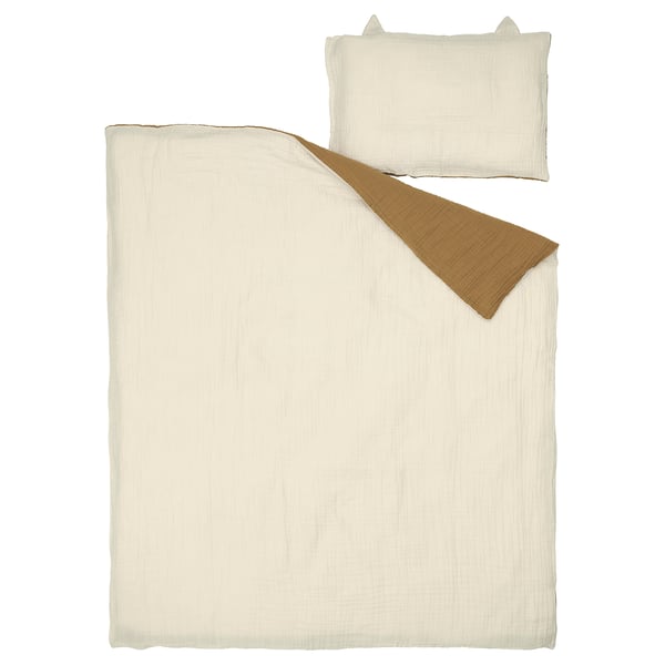 Sängkläder i ekologisk bomull - beige och bruna, med örondesign.