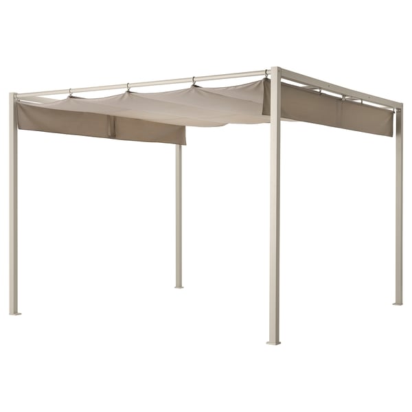 Hammaron beige pergola: modernt utomhustak med beige tyg, robust stålram, solskydd.