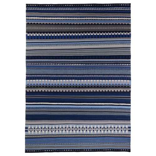 Blå- och neutralrandig matta, HARSVANS, bomull och ull, geometrisk, vintagestil.