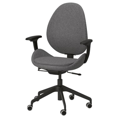 Modern grå kontorsstol med svarta armstöd, ergonomisk design, fem hjul och justerbar.
