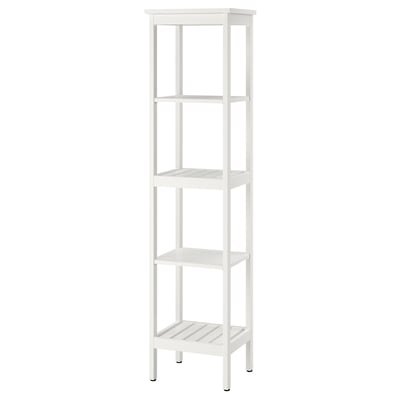 Vit HEMNES-förvaringsmöbel, öppna hyllor med 4 nivåer, badrumsanvändning, enkel tidlös design.