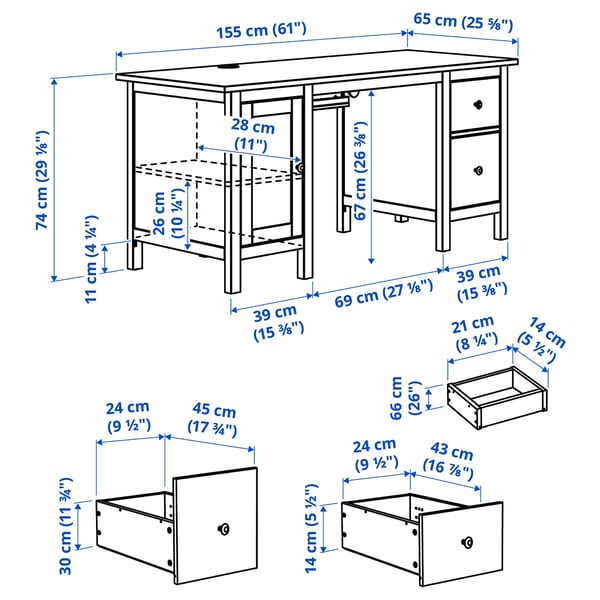 Illustration med mått för produkten: HEMNES.