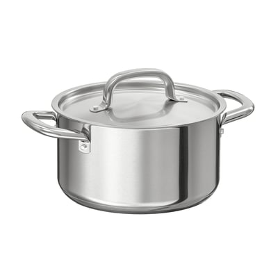 IKEA 365+ kastrull i rostfritt stål. Rundad kropp och lock, två sidohandtag. Idealisk för olika hällar inklusive induktion.
