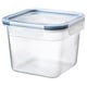 IKEA 365+ genomskinlig fyrkantig tupperware med blått lock, tillverkad av polypropenplast, transparent och frostsäker.