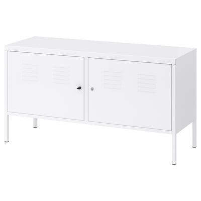 IKEA PS: vitt metallskåp, låsbara dörrar, höga ben, elegant design.