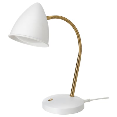ISNÅLEN skrivbordslampa - vit skärm, guldhals, retro-modern design med flexibel svanhals.