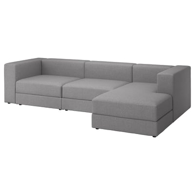 Grå JÄTTEBO modulsoffa med schäslong, modern design, mjukt tyg, vinklat hörn.
