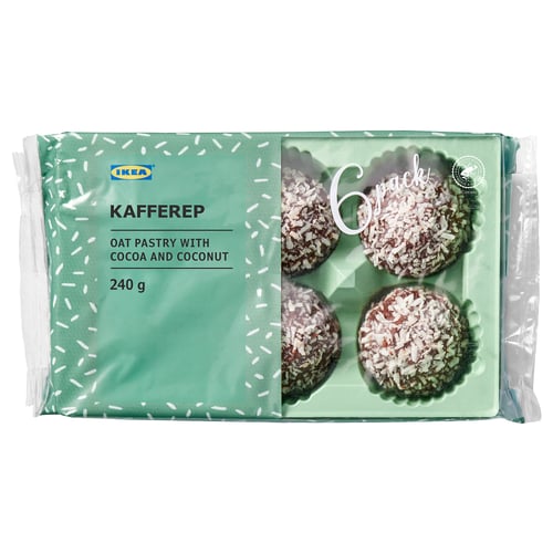 IKEA KAFFEREP förpackning, som visar kokostäckta kakaohavrebakelser.