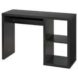 Svart ikea KALLAX skrivbord, rektangulärt med förvaring, minimalistisk design, kabeluttag.