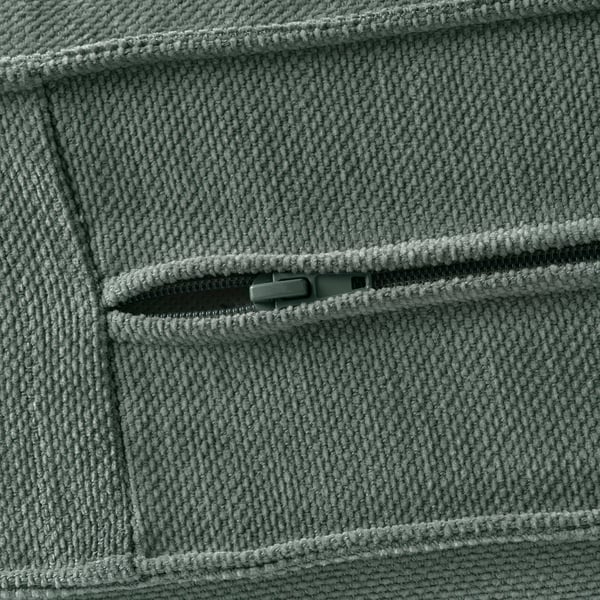 Närbild av grå vävd textil med delvis dragkedja i fickan som visar upp kvalitetshantverk.