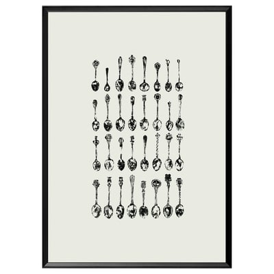 KNOPPÄNG fotoram med svart kant, med 4 rader vintage svarta och vita skedar, var och en i olika utföranden.