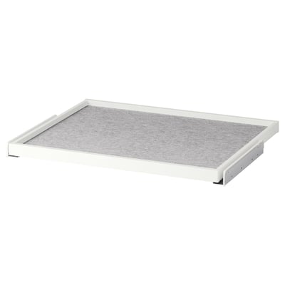 Vit utdragbar bricka med grå lådmatta, rektangulär form, minimalistisk design.