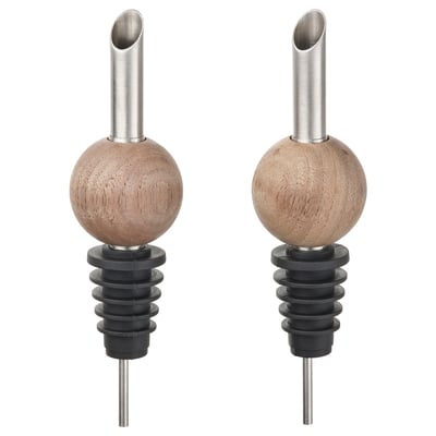 KRÖSAMOS droppproppar i trä och stål, bruna, runda, elegant design för eleganta flaskor.
