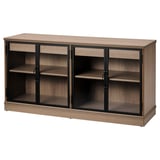 Ett LANESUND sideboard i ljusbrunt med tre glasdörrar, tillverkat i trä och metall, med en rektangulär form och modern design.