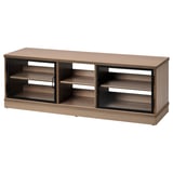 En beige LANESUND tv-bänk med trähyllor och glasdörrar. Den har en rektangulär form och modern design.