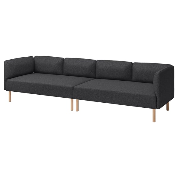 En mörkgrå LILLEHEM modulsoffa med minimalistisk design. Den har en rektangulär form, träben och en ren, rak estetik.
