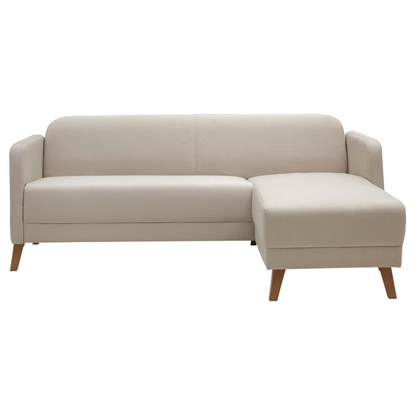Soffan LINANÄS är en modern, beige, l-formad soffa med slät tygfinish och träben.