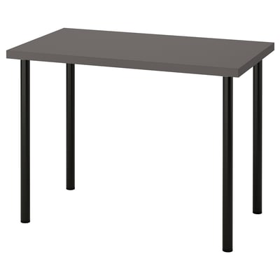 Visar ett LINNMON grått rektangulärt bord med svarta metallben. Modern design med eleganta linjer och justerbara fötter för stabilitet.