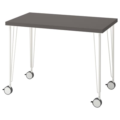 LINNMON skrivbord, grå skiva, vita ben med hjul.