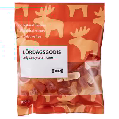 Ikeas LÖRDAGSGODIS gelégodispåse, med älgformer, 100g, naturliga smakämnen, färgämnen, gelatinfri.
