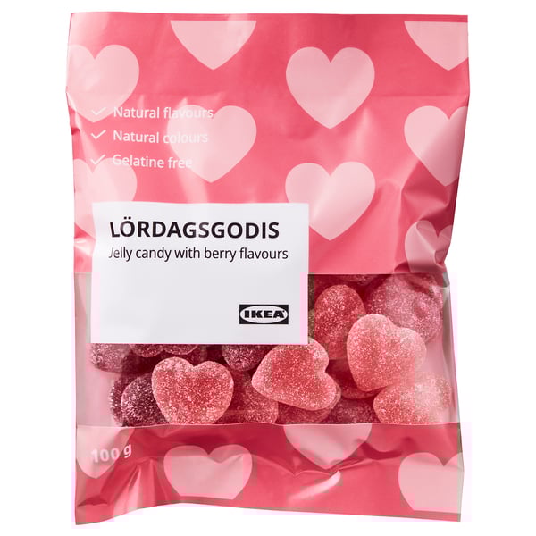 Hjärtformat bärgelégodis, 100g, naturliga smak- och färgämnen, gelatinfritt från IKEA.