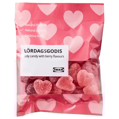 Hjärtformat bärgelégodis, 100g, naturliga smak- och färgämnen, gelatinfritt från IKEA.