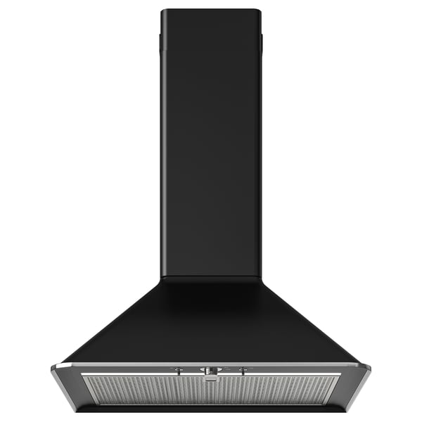 Svart köksfläkt, modern design med böjda kanter.