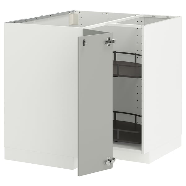 Ett vitt köksskåp från METOD med en utdragbar hylla. Dess eleganta, ljusgrå, moderna design inkluderar en slät finish och metalliska handtag.