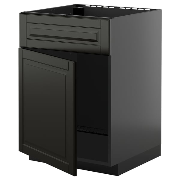 METOD köksenhet, svart med fasade kanter, modern elegant design, robust ram, inkluderar lådor och dörr.