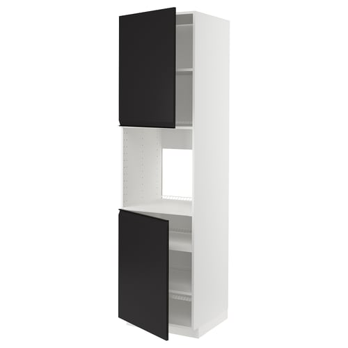 METOD köksbänk med svarta dörrar, vit ram, justerbara hyllor, modern design.