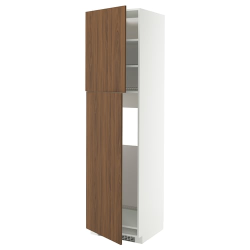 Modernt köksskåp, vitt med valnötsdörrar, justerbara hyllor, elegant design.