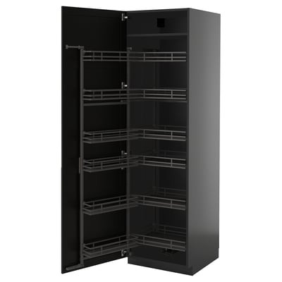 Svart utdragbart skafferi från ikea, en del av kökssystemet METOD. Flera trådhyllor bakom en mörk, fasad trädörr.