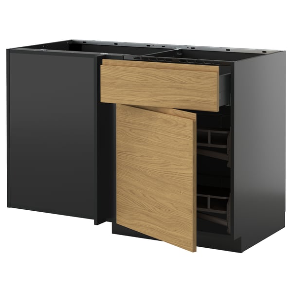 Modern köksmöbel, svart METOD-skåp med låda och dörr i ek, med elegant design och minimalistiska handtag.