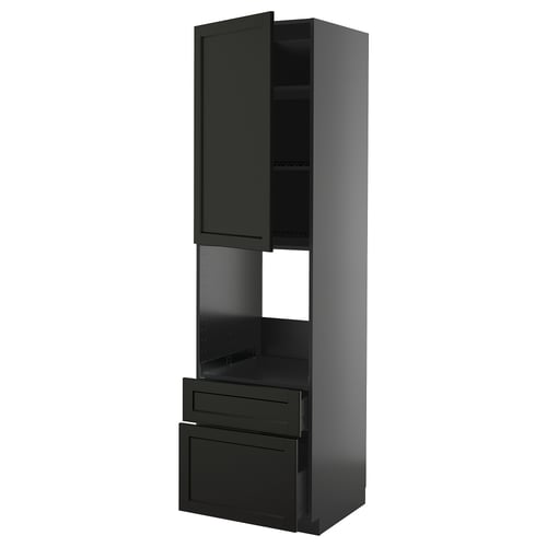 Svart köksskåp med hyllor och lådor, elegant modern design.