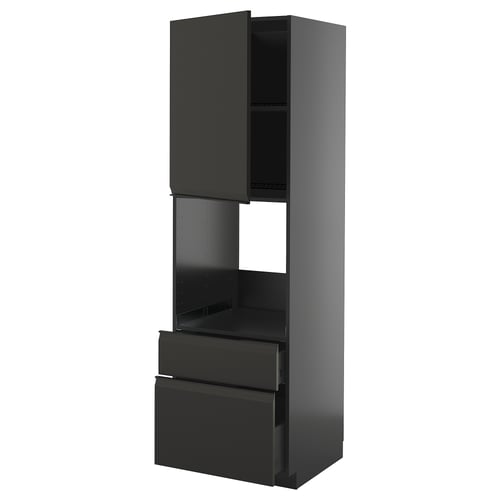 METOD köksbänk i mattsvart med blank yta, med öppna hyllor och lådor, elegant design.