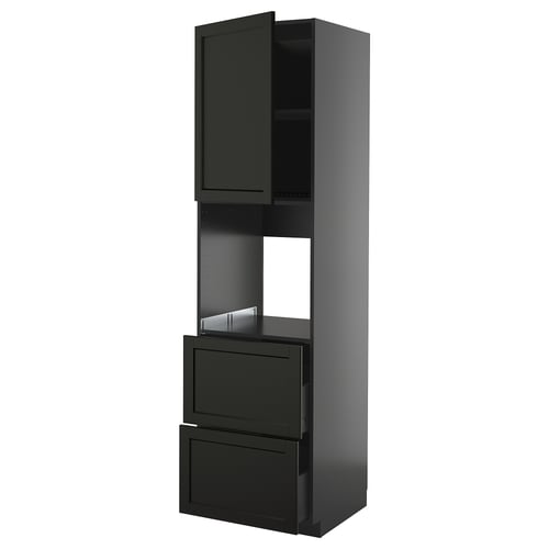 Svart köksskåp med glasdörr, två lådor och justerbar hylla. Modern design, robust konstruktion.