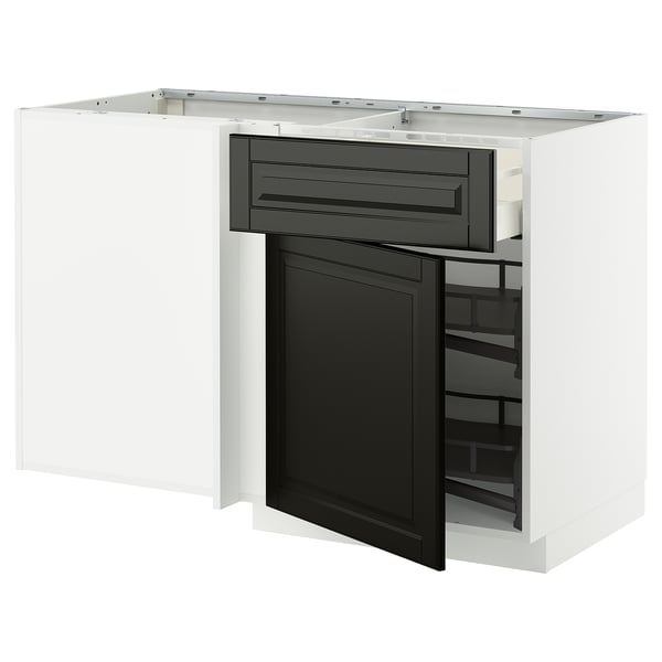 Modernt svartvitt köksskåp med utdragbar hylla, elegant design.