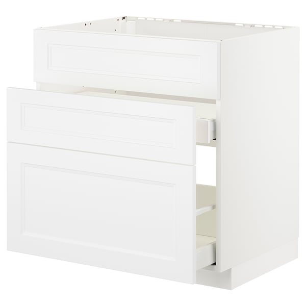 Vitt METOD bänkskåp med utdragbara lådor för kök.