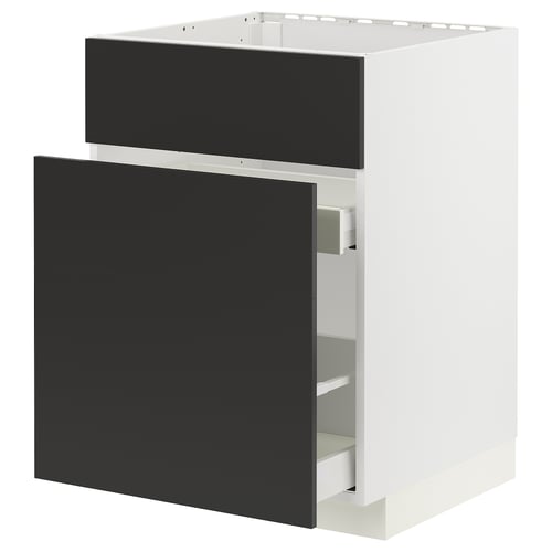 Modernt svartvitt köksskåp, elegant design, delvis öppen låda.