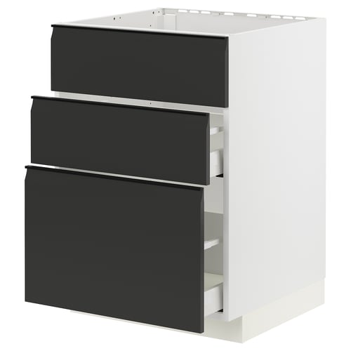 METOD köksbänk med tre svarta matta lådor på vit botten, eleganta handtag, modern design.