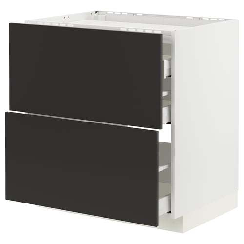 Ett modernt köksskåp från METOD-systemet. Det finns två mörkgrå utdragbara lådor med en elegant och minimalistisk design, vilket säkerställer smidig och enkel åtkomst.