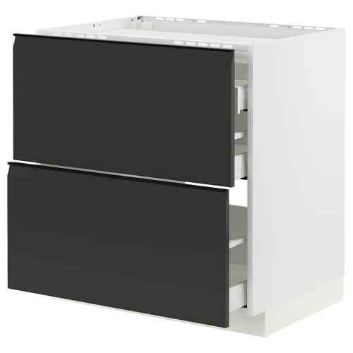 Ett modernt svartvitt METOD-köksskåp med två släta, självstängande lådor och en elegant, handtagslös design.