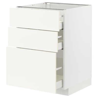 METOD köksbänk i vitt med tre lådor, snygg design, modern estetik.