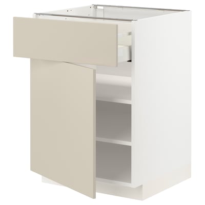 Den här bilden föreställer ett ikea METOD köksskåp med en beige havstorp front, som visar upp en ren, modern design med en slät låda och hylla inuti.
