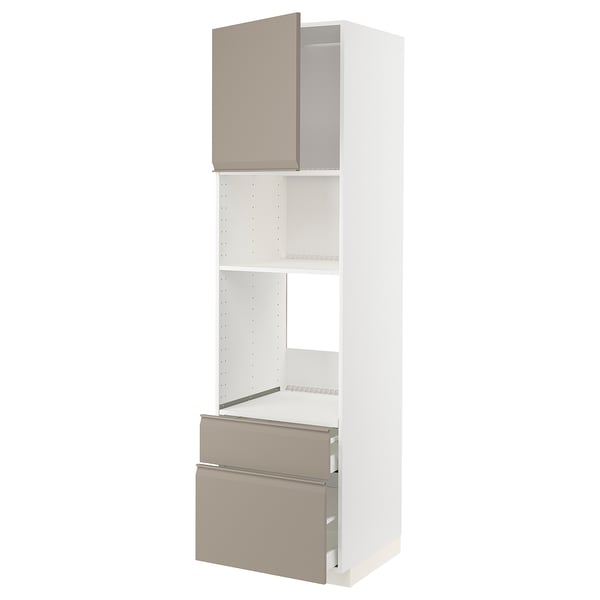 Köksskåpet METOD: matt gråbeige, modernt, högt skåp med lådor och hyllor.