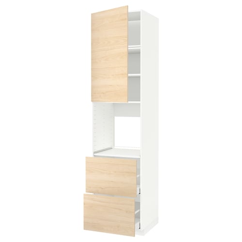 Ikea METOD köksskåp, ljus ask, trämönster, vit ram, högskåp med öppna hyllor, två drag.