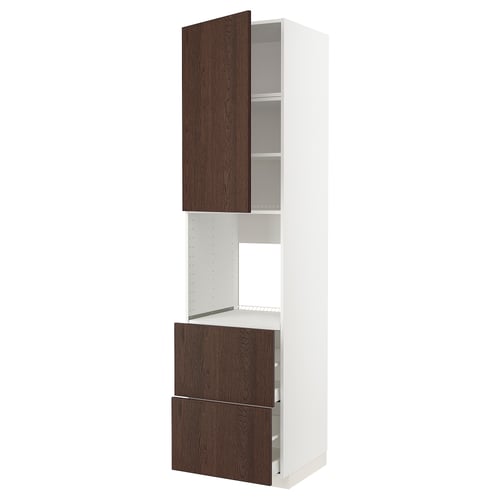 Köksdelen METOD: hög, vit med mörkbruna dörrar, lådor och hyllor i trä, med elegant modern design.
