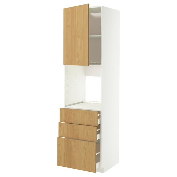 METOD / MAXIMERA Högskåp för ugn + dörr/3 lådor, vit/Sinarp ekfaner, 60x60x220 cm