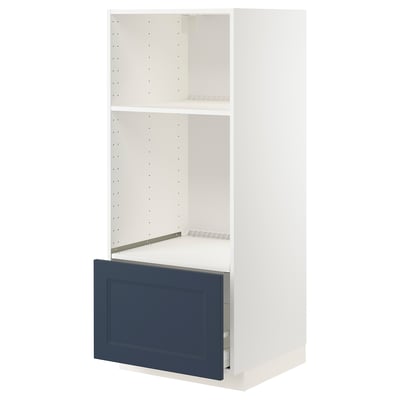 METOD köksskåp: vit ram, blå låda, justerbar hylla, elegant design.
